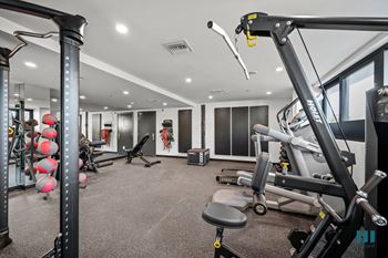 Well-equipped fitness center with assortment of medicine balls, free weights, treadmills, and universal exercise equipment